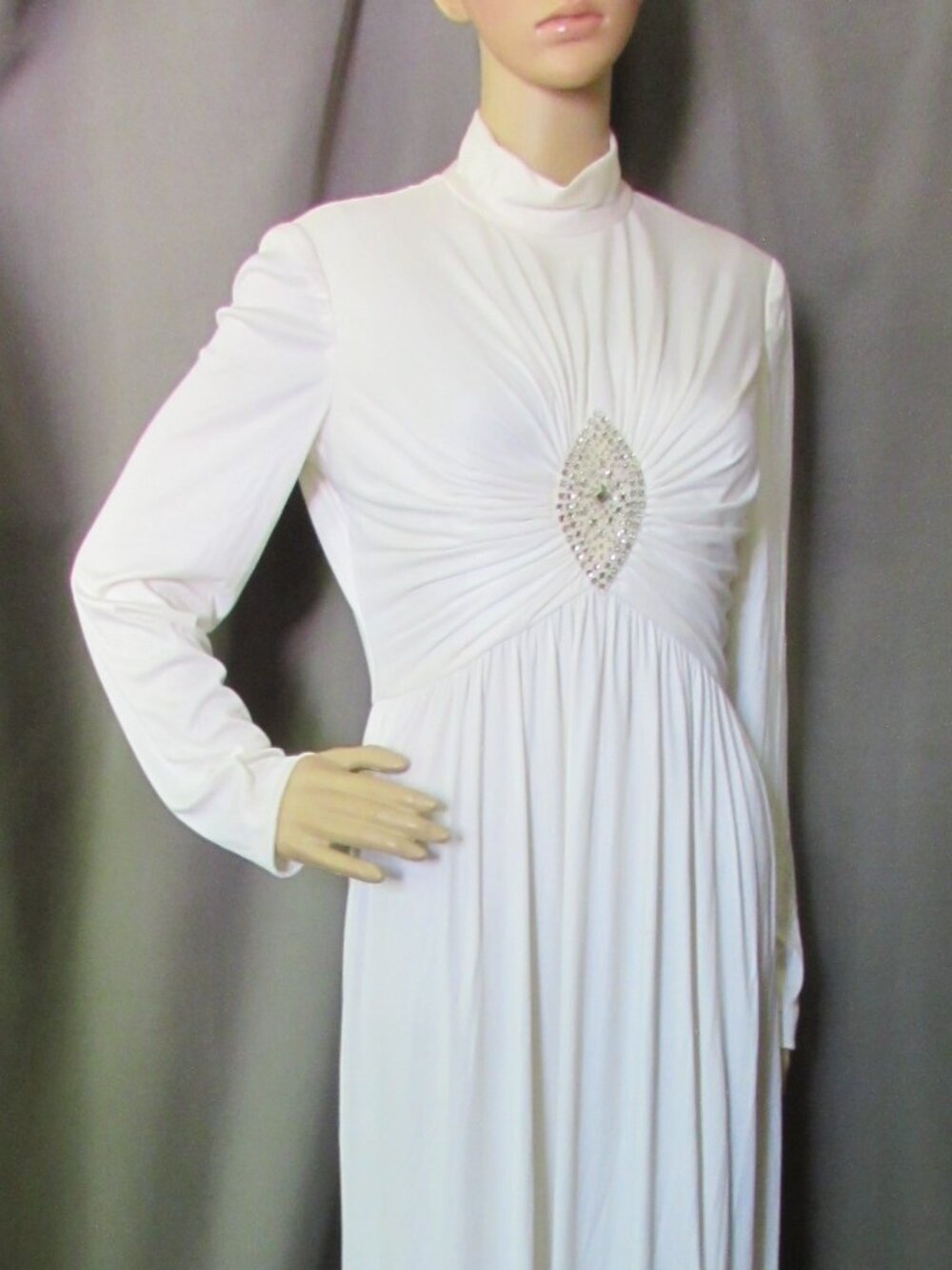 Vintage Greek Goddess Style Long Gown in White Rhinestone Sunburst